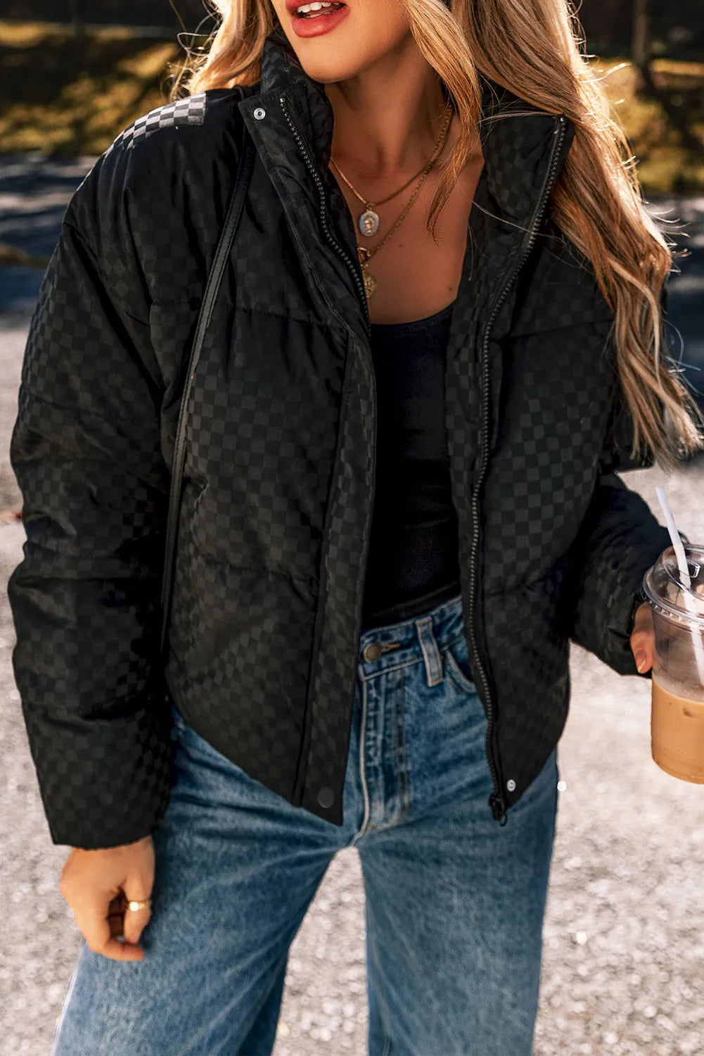 Checkered Turtleneck Zip Up Long Sleeve Winter Coat - Pahabu - Women's Clothing & Shop