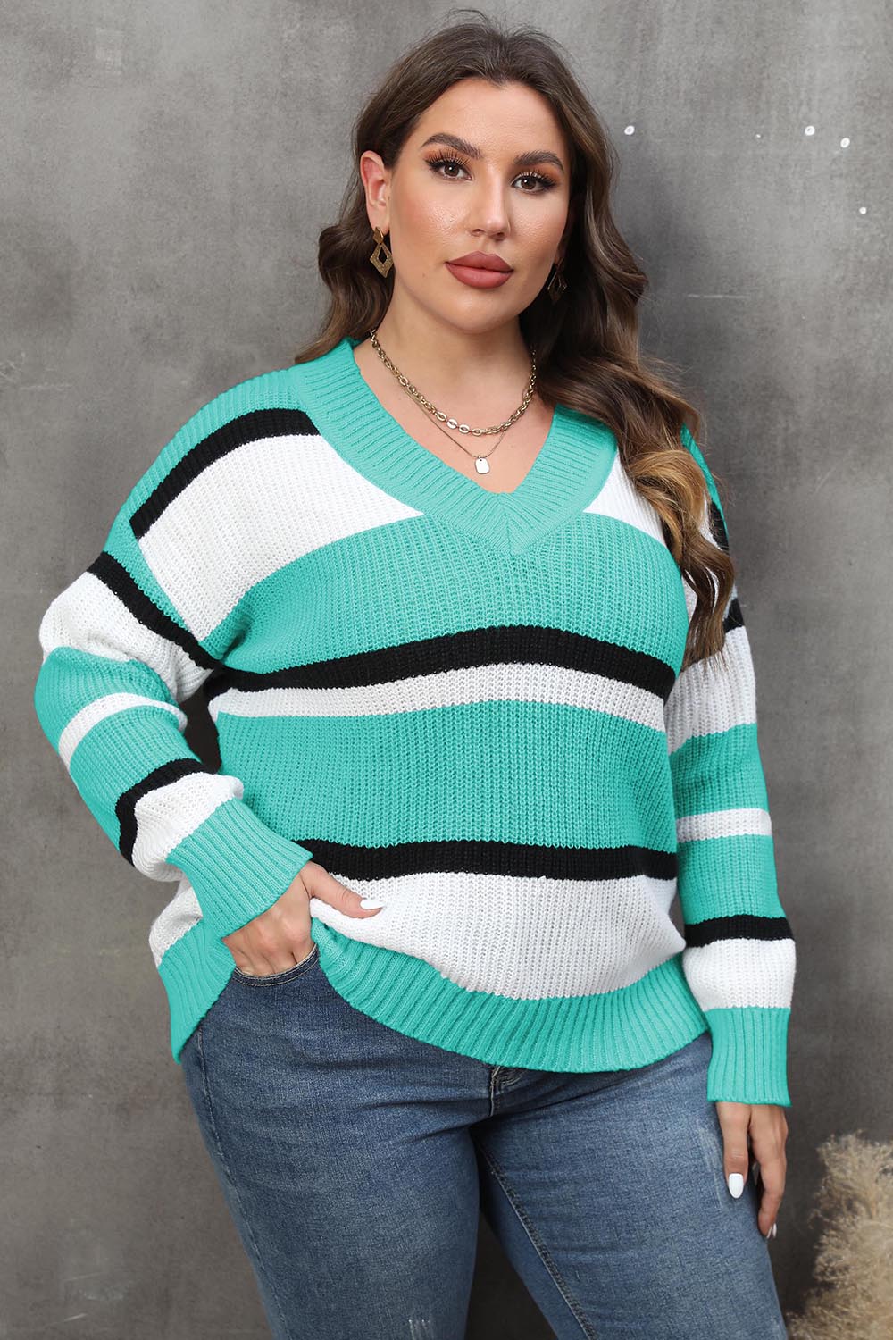 Plus Size Striped V-Neck Dropped Shoulder Sweater - Pahabu - Women's Clothing & Shop