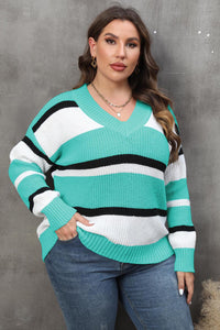 Plus Size Striped V-Neck Dropped Shoulder Sweater - Pahabu - Women's Clothing & Shop