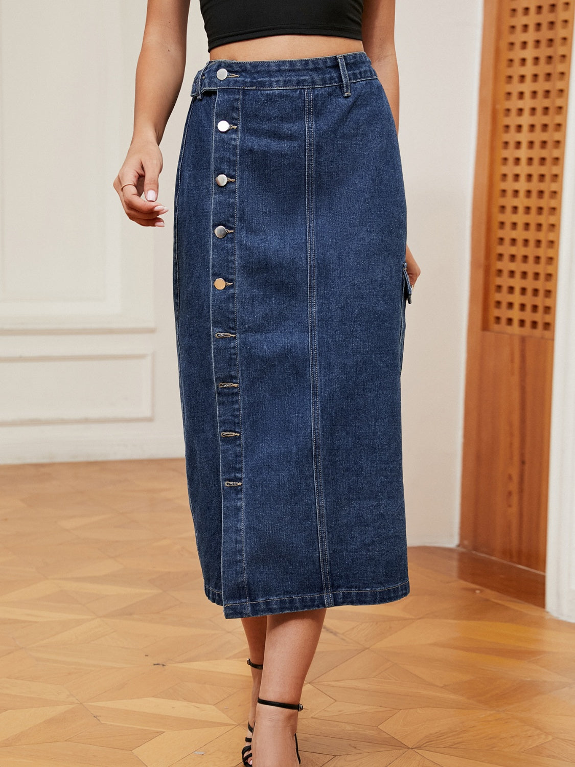 Button Down Midi Denim Skirt - Pahabu - Women's Clothing & Shop