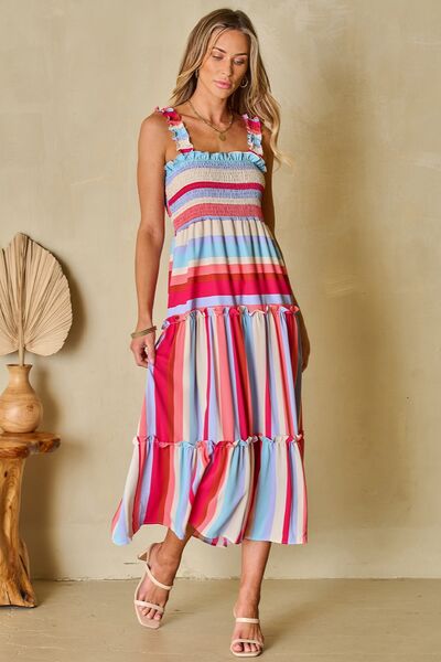 Striped Frill Smocked Tiered Midi Dress - Pahabu - Women's Clothing & Shop