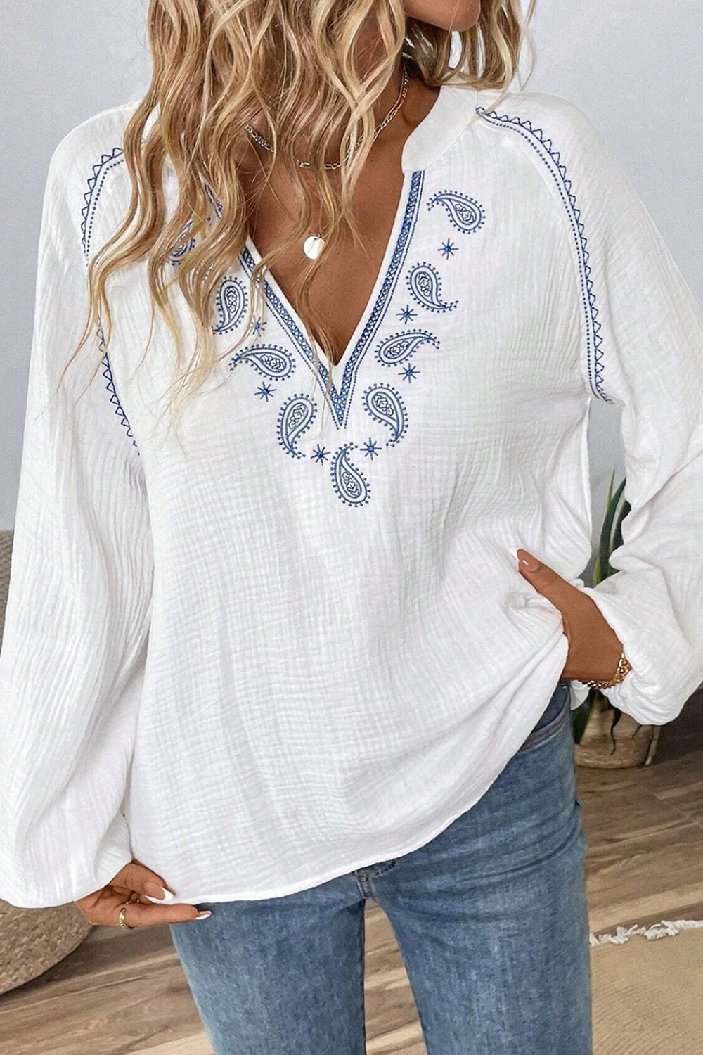 Embroidered Notched Long Sleeve Blouse - Pahabu - Women's Clothing & Shop
