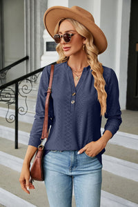 Notched Neck Long Sleeve Buttoned Blouse - Pahabu - Women's Clothing & Shop