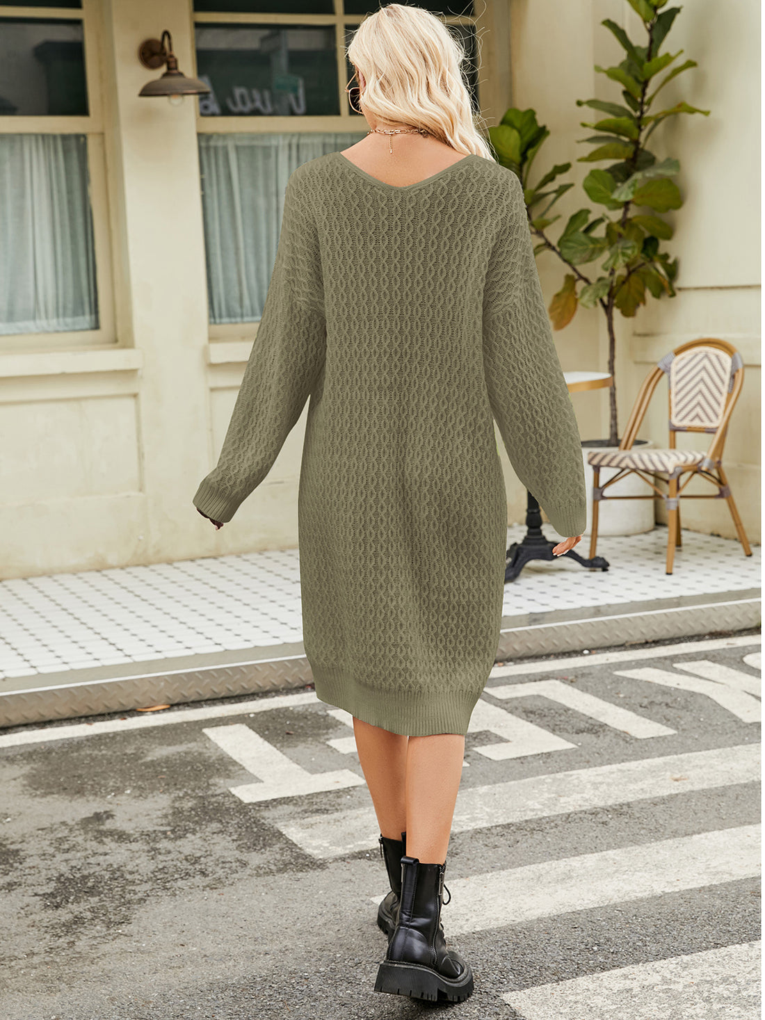 V-Neck Long Sleeve Sweater Dress - Pahabu - Women's Clothing & Shop