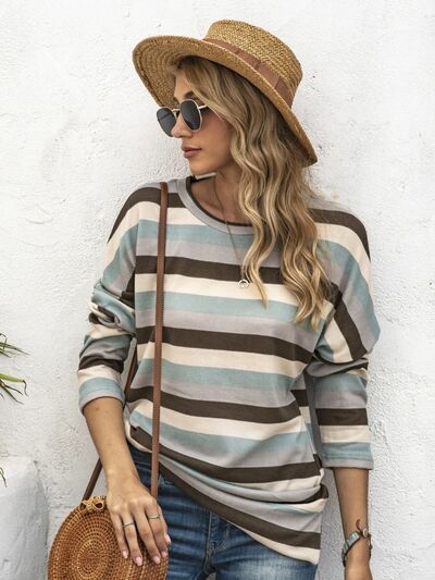 Full Size Striped Round Neck Long Sleeve T-Shirt Plus Size - Pahabu - Women's Clothing & Shop