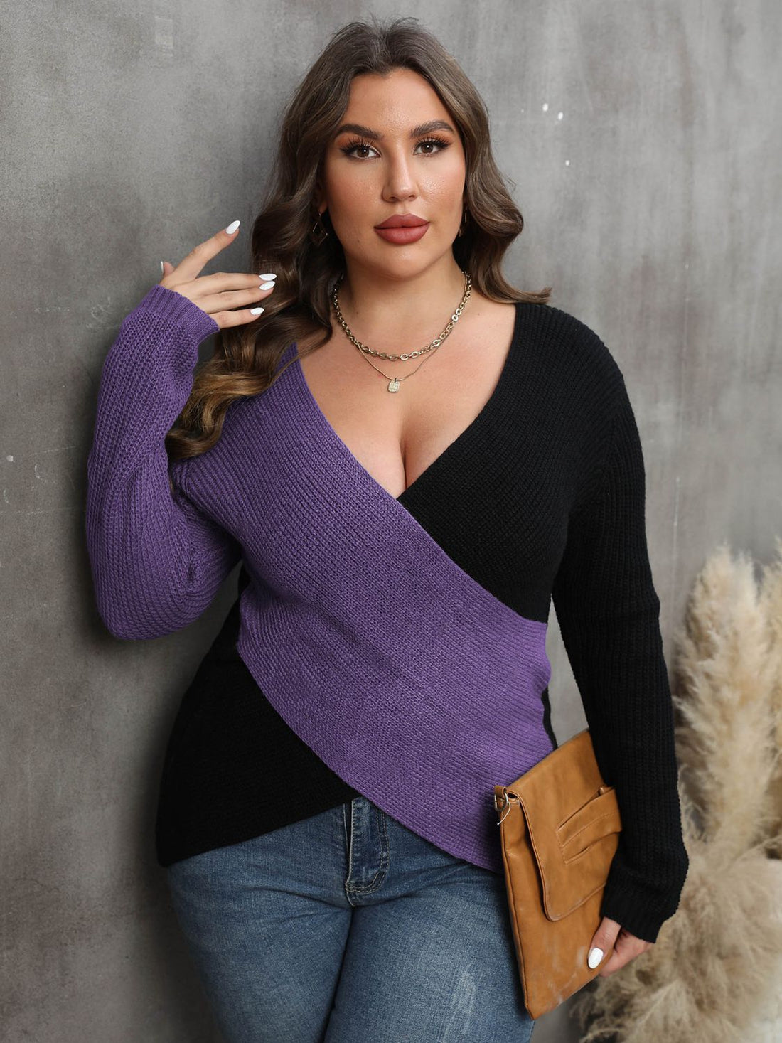 Plus Size Two-Tone Surplice Neck Sweater - Pahabu - Women's Clothing & Shop