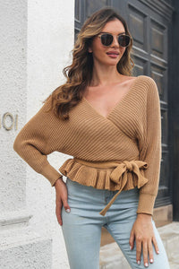 Tie Waist Ruffle Hem Sweater - Pahabu - Women's Clothing & Shop