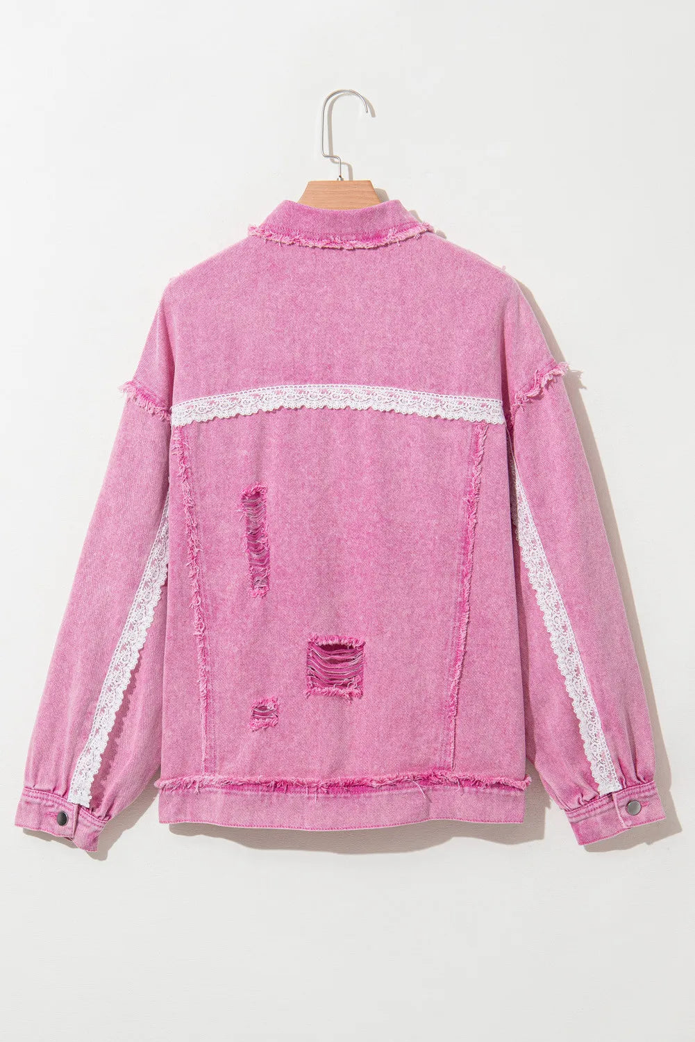 Lace Detail Distressed Raw Hem Long Sleeve Denim Jacket - Pahabu - Women's Clothing & Shop