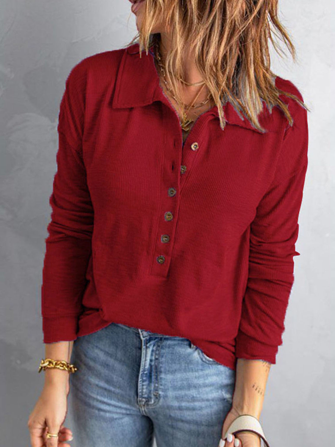 Collared Neck Half Button Top - Pahabu - Women's Clothing & Shop