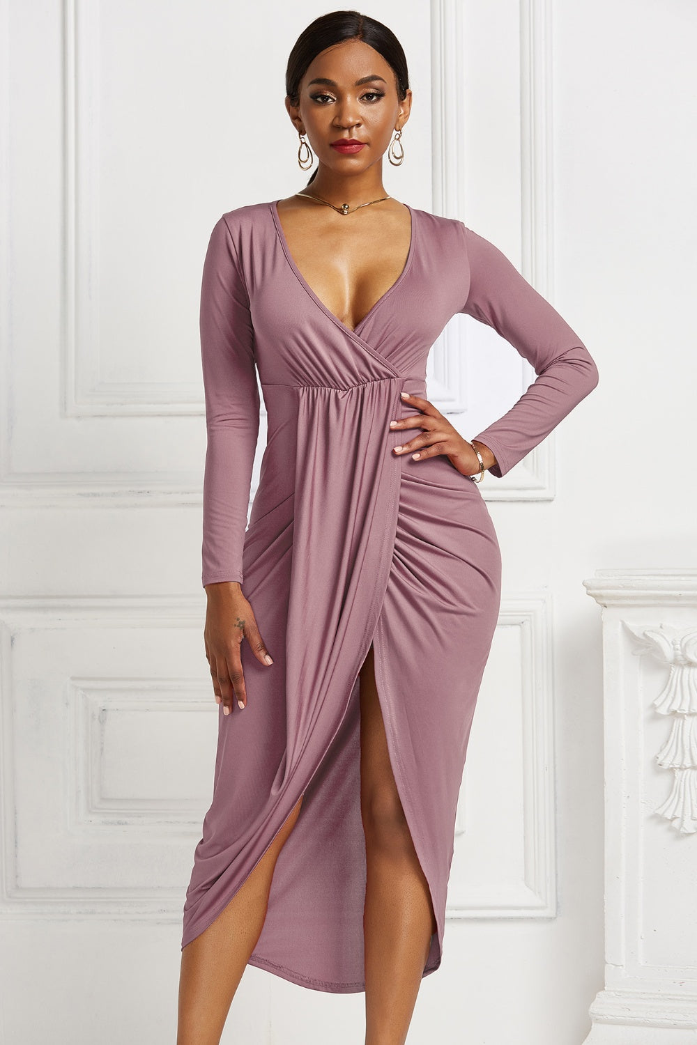 High-low Ruched Surplice Long Sleeve Dress - Pahabu - Women's Clothing & Shop