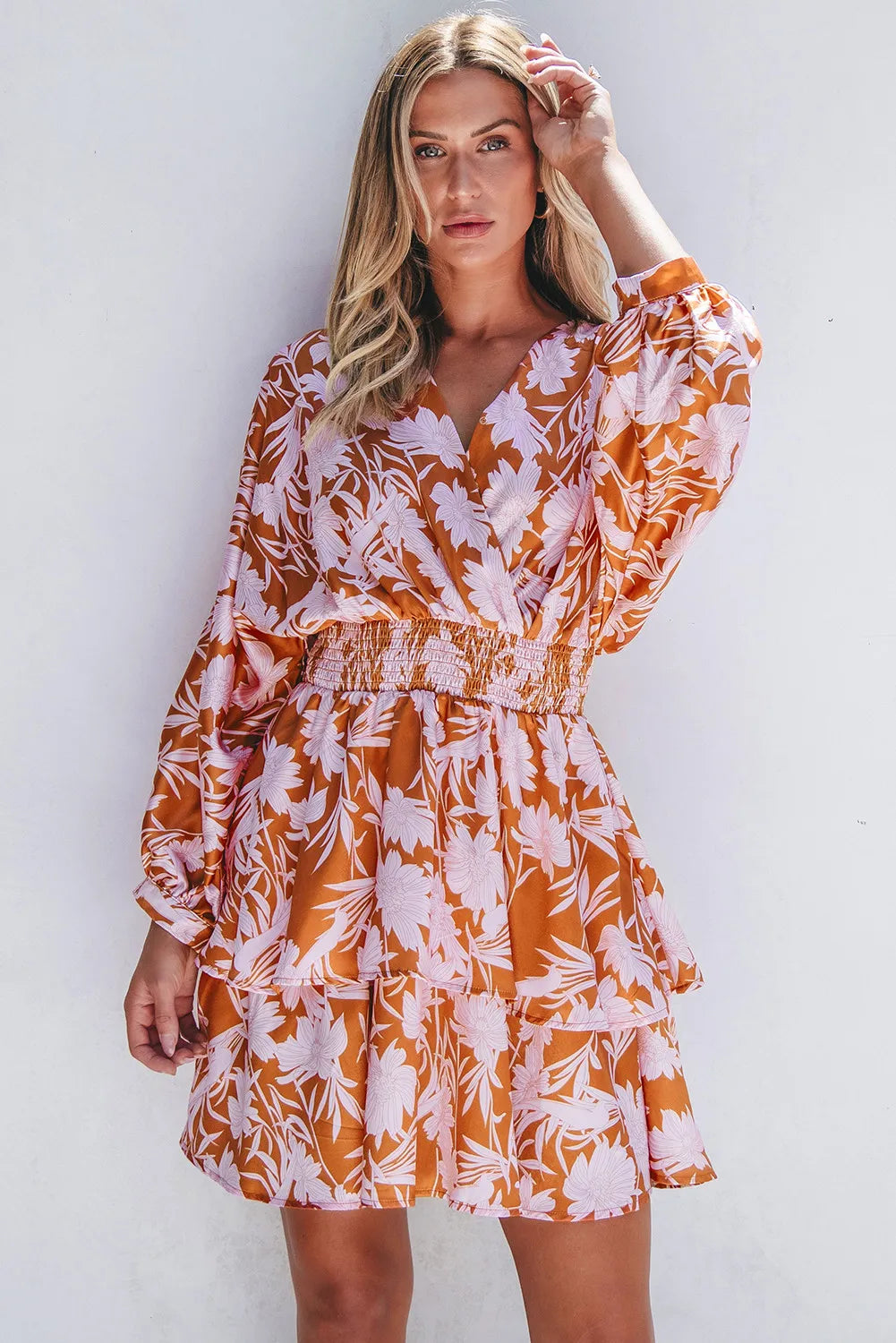 Smocked Printed Long Sleeve Mini Dress - Pahabu - Women's Clothing & Shop