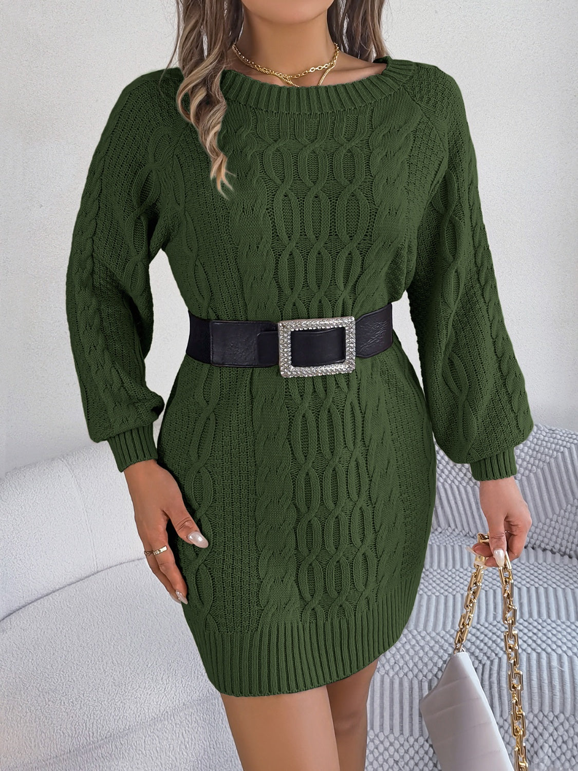 Cable-Knit Round Neck Sweater Dress - Pahabu - Women's Clothing & Shop