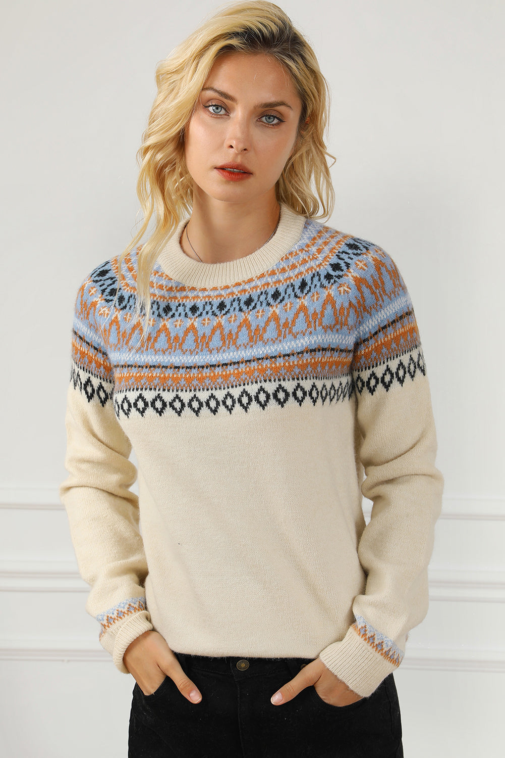 Geometric Round Neck Long Sleeve Sweater - Pahabu - Women's Clothing & Shop