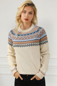 Geometric Round Neck Long Sleeve Sweater - Pahabu - Women's Clothing & Shop