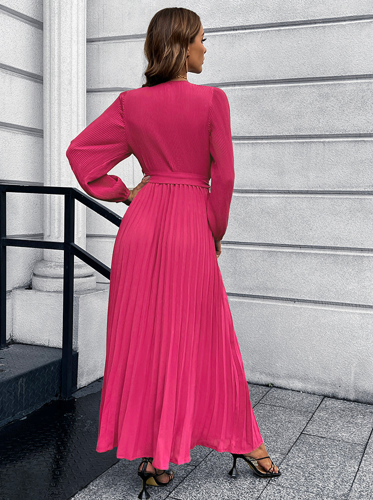 V-Neck Tie Waist Pleated Maxi Dress - Pahabu - Women's Clothing & Shop