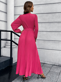 V-Neck Tie Waist Pleated Maxi Dress - Pahabu - Women's Clothing & Shop