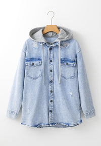 Distressed Button Up Hooded Denim Jacket with Pockets - Pahabu - Women's Clothing & Shop