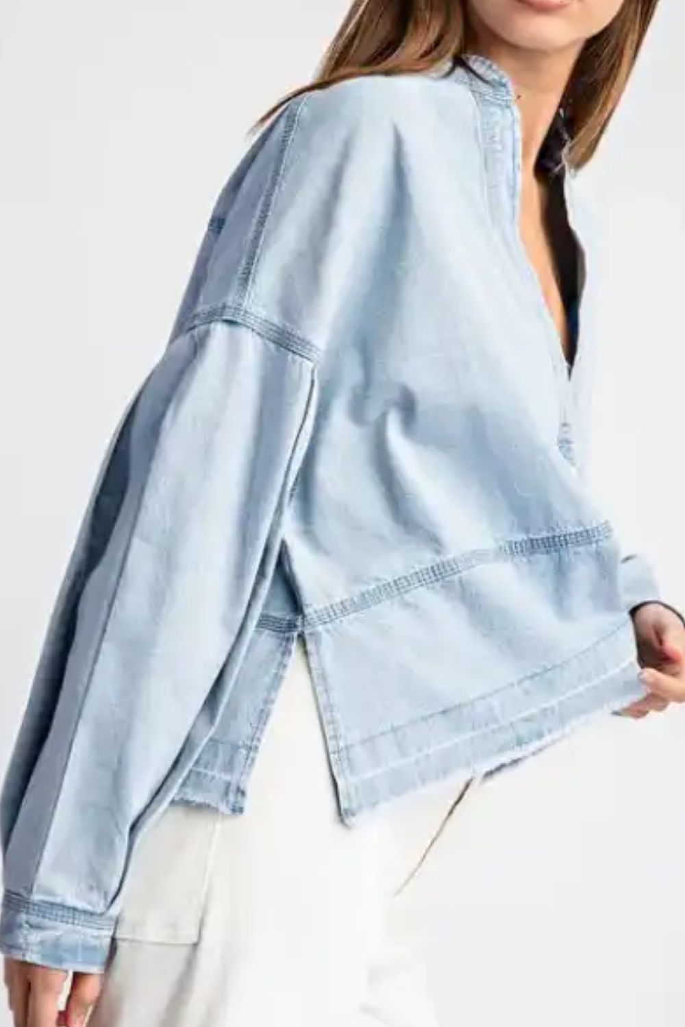 Slit Raw Hem Notched Denim Top - Pahabu - Women's Clothing & Shop