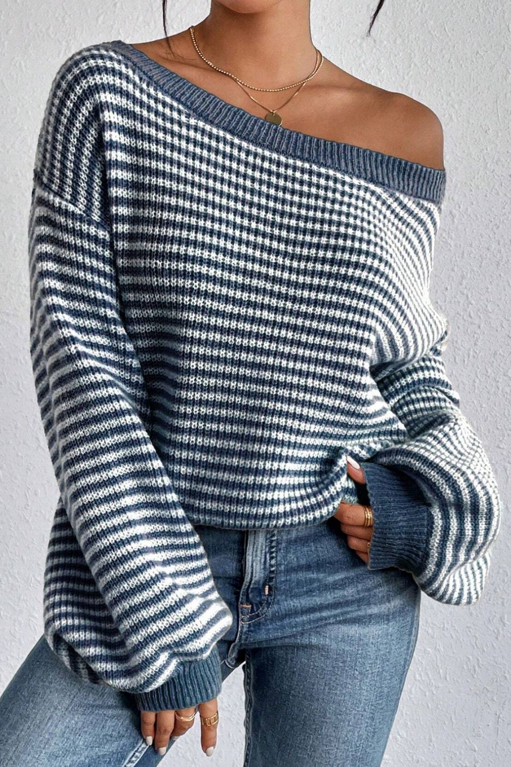 Striped Boat Neck Long Sleeve Sweater - Pahabu - Women's Clothing & Shop