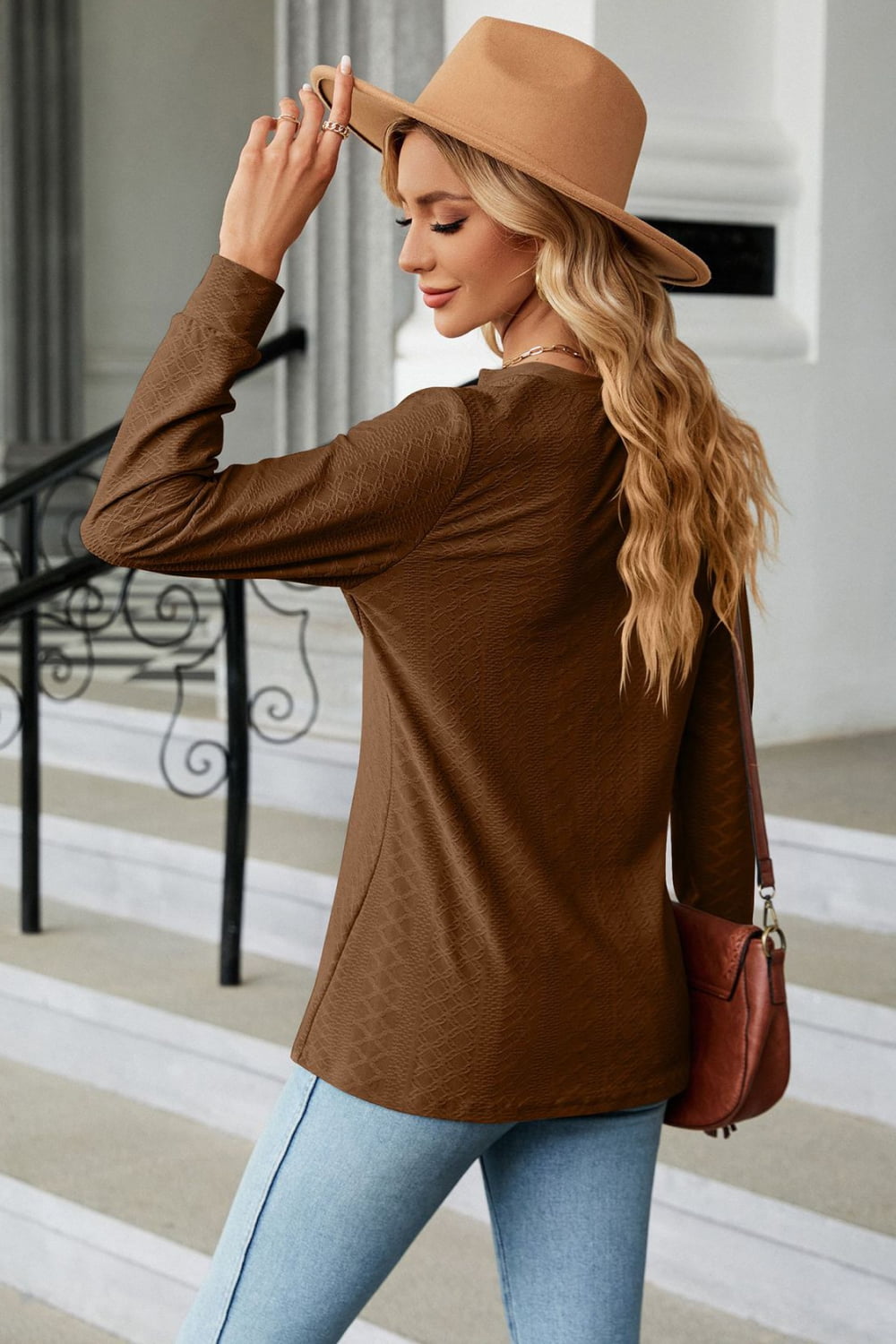 Notched Neck Long Sleeve Buttoned Blouse - Pahabu - Women's Clothing & Shop