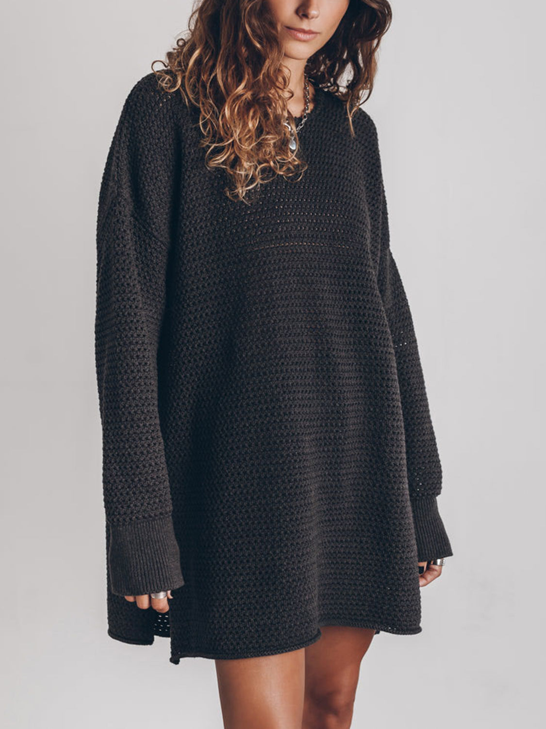 Openwork Round Neck Long Sleeve Slit Sweater - Pahabu - Women's Clothing & Shop