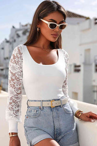 Lace Detail Scoop Neck Long Sleeve Bodysuit - Pahabu - Women's Clothing & Shop