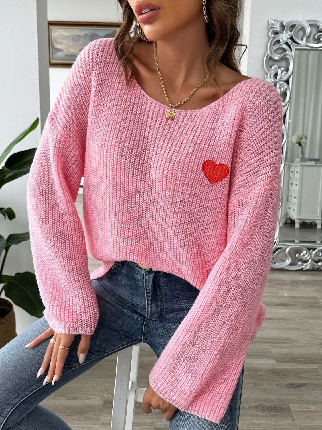 Heart Boat Neck Dropped Shoulder Sweater - Pahabu - Women's Clothing & Shop