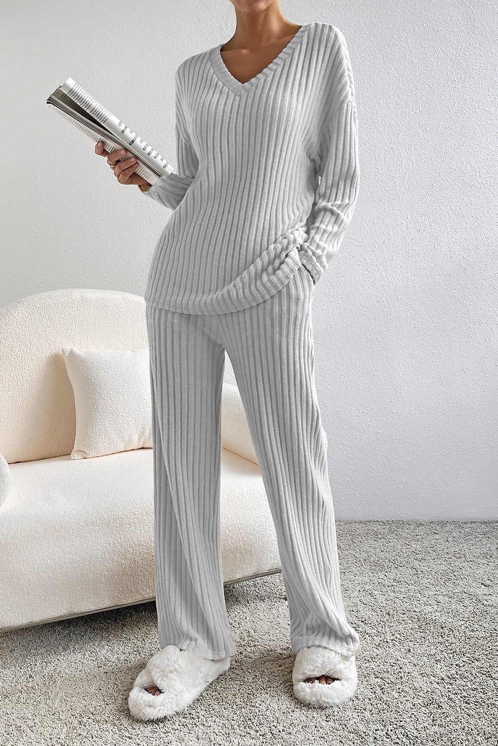 Ribbed V-Neck Top and Pants Lounge Set - Pahabu - Women's Clothing & Shop