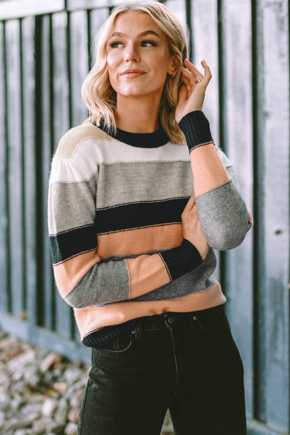 Striped Round Neck Long Sleeve Sweater - Pahabu - Women's Clothing & Shop