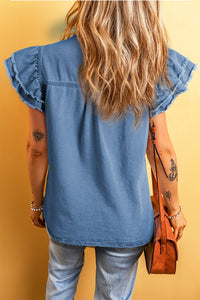 Raw Hem Button Up Cap Sleeve Denim Top - Pahabu - Women's Clothing & Shop