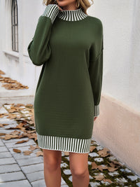 Devine Striped Mock Neck Long Sleeve Sweater Dress - Pahabu - Women's Clothing & Shop