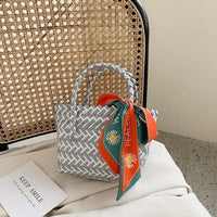 Contrast Woven Handbag with Ribbon - Pahabu - Women's Clothing & Shop