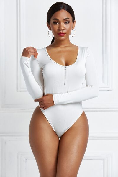 Half Zip Scoop Neck Long Sleeve Bodysuit - Pahabu - Women's Clothing & Shop