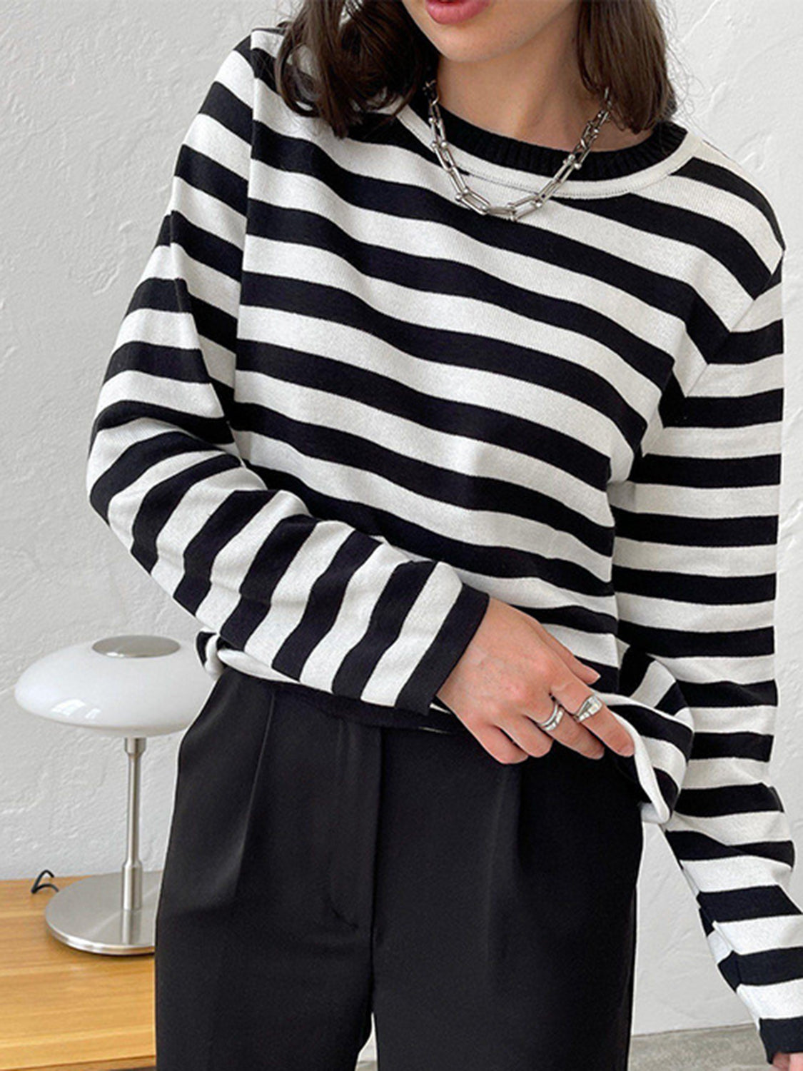 Striped Round Neck Long Sleeve Sweater - Pahabu - Women's Clothing & Shop