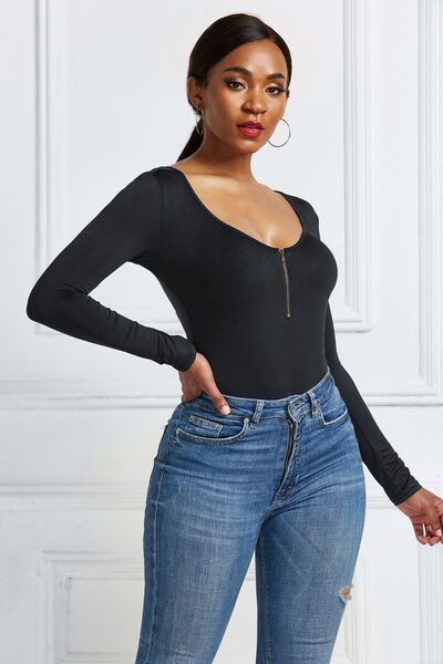 Half Zip Scoop Neck Long Sleeve Bodysuit - Pahabu - Women's Clothing & Shop