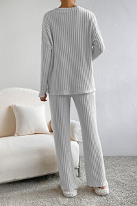 Ribbed V-Neck Top and Pants Lounge Set - Pahabu - Women's Clothing & Shop