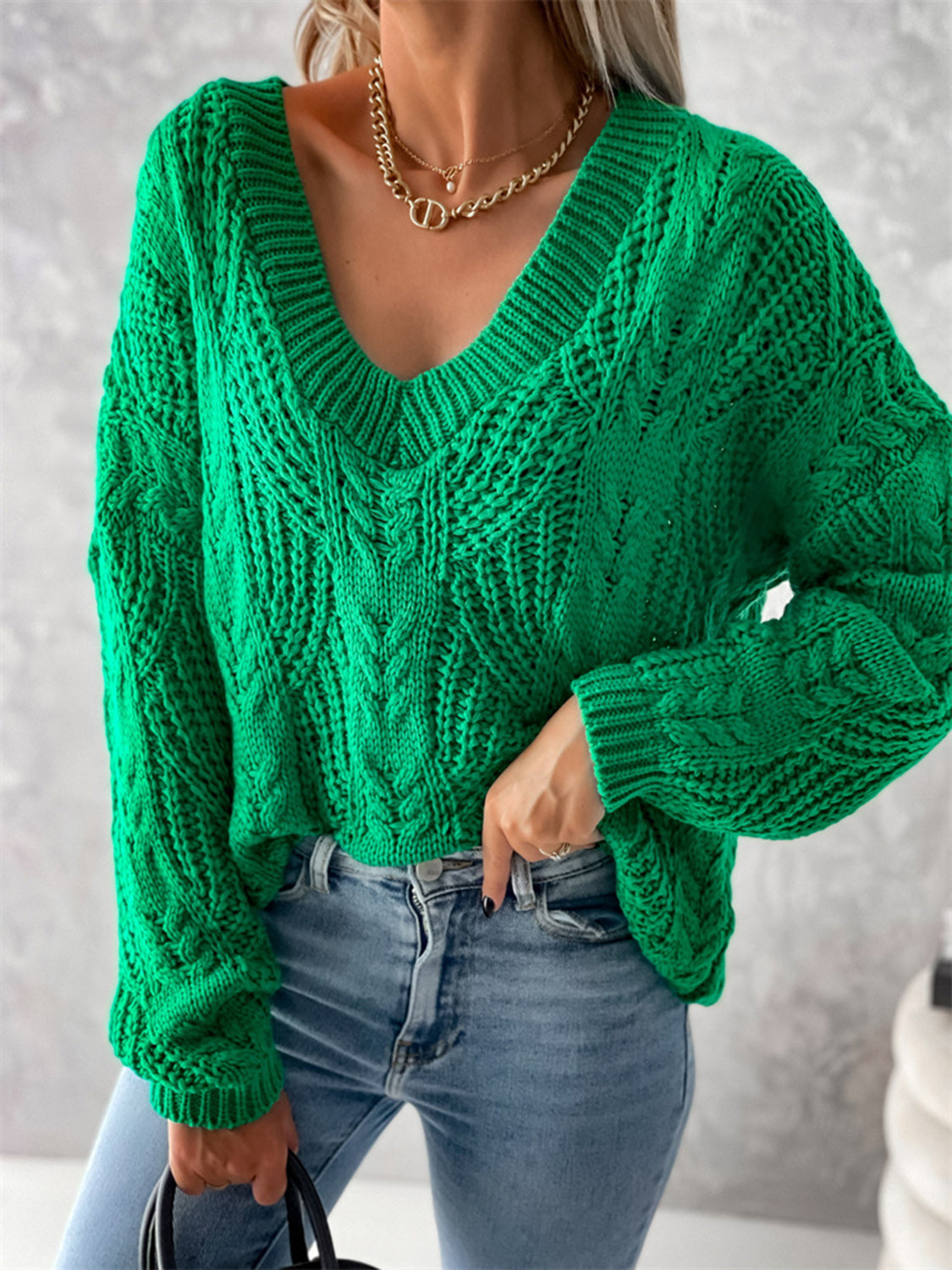 V-Neck Cable-Knit Long Sleeve Sweater - Pahabu - Women's Clothing & Shop