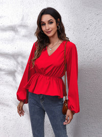 V-Neck Balloon Sleeve Peplum Blouse - Pahabu - Women's Clothing & Shop