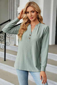 Notched Neck Long Sleeve Buttoned Blouse - Pahabu - Women's Clothing & Shop