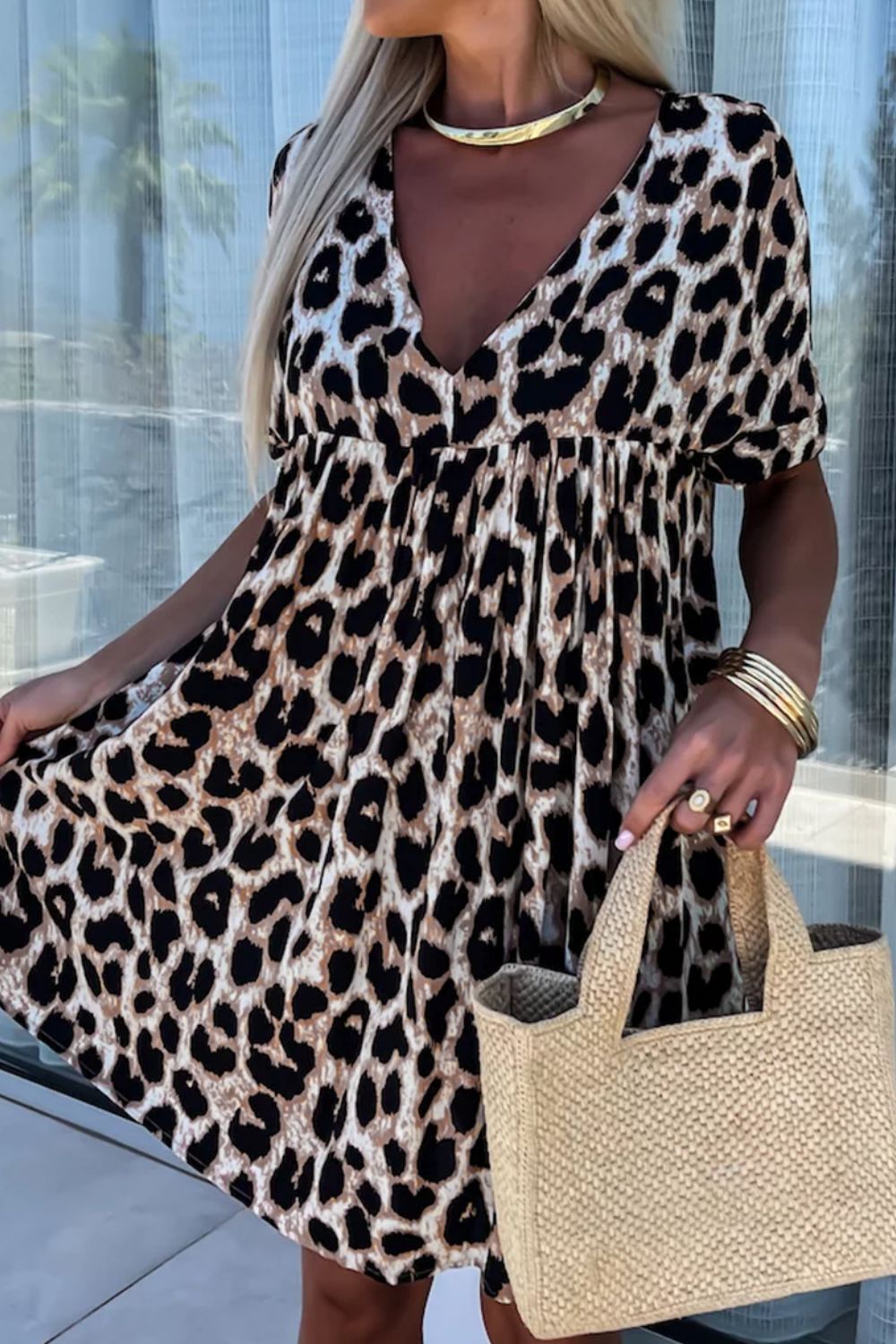 Cutout Back Leopard V-Neck Short Sleeve Mini Dress - Pahabu - Women's Clothing & Shop