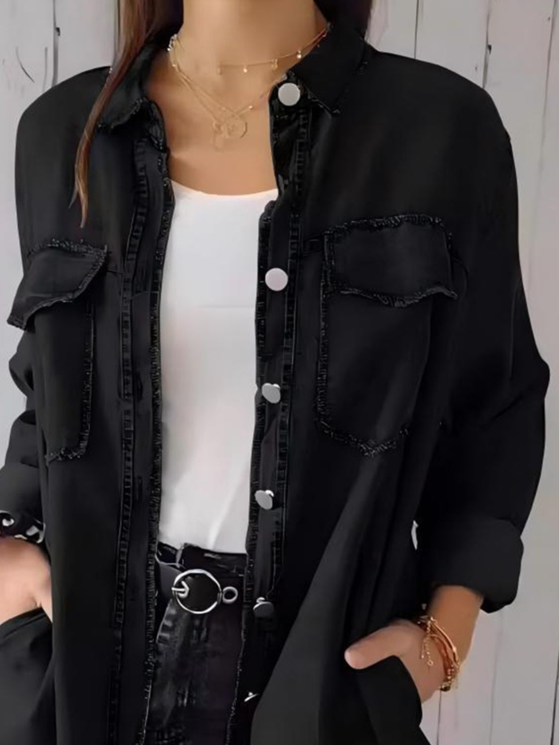 Full Size Raw Hem Button Up Long Sleeve Denim Top Plus Size - Pahabu - Women's Clothing & Shop
