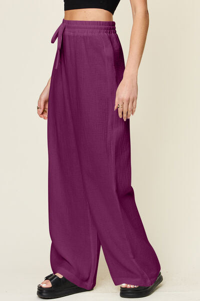Double Take Full Size Texture Drawstring Wide Leg Pants - Pahabu - Women's Clothing & Shop