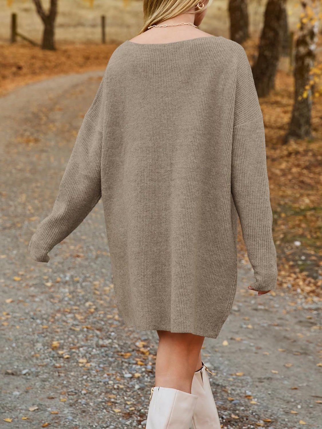 V-Neck Dropped Shoulder Sweater Dress - Pahabu - Women's Clothing & Shop