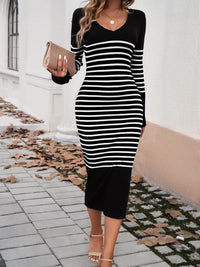 Devine Striped V-Neck Long Sleeve Sweater Dress - Pahabu - Women's Clothing & Shop