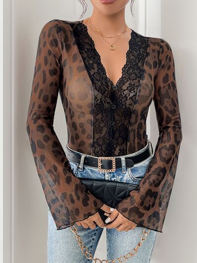 Perfee Leopard V-Neck Lace Bodysuit - Pahabu - Women's Clothing & Shop