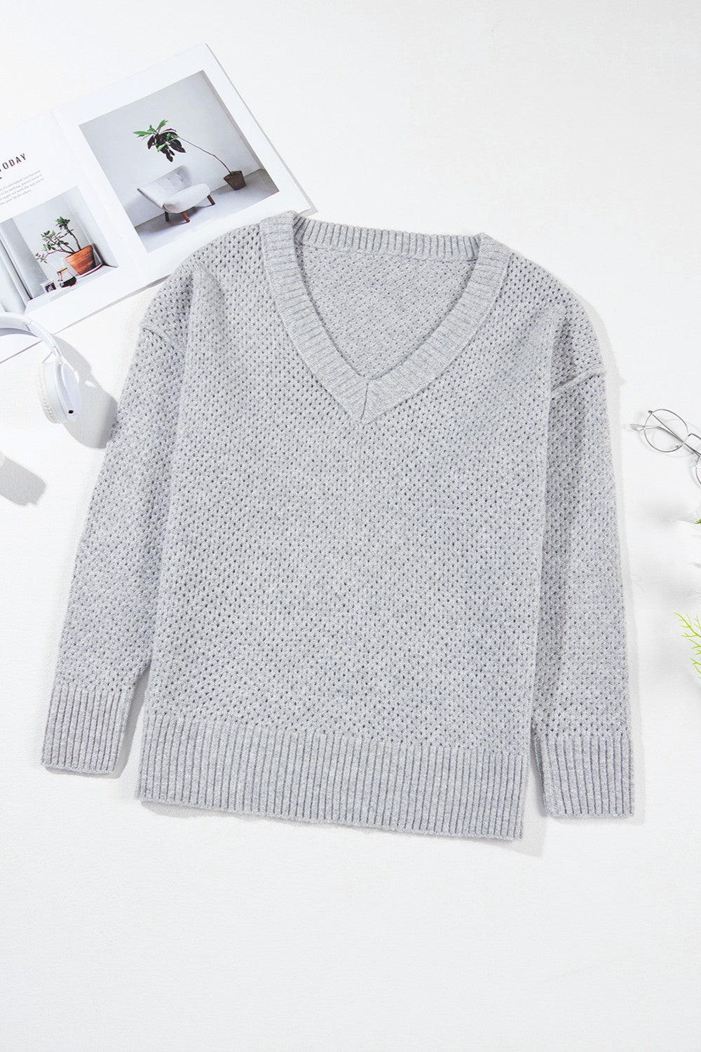 Openwork V-Neck Dropped Shoulder Sweater - Pahabu - Women's Clothing & Shop