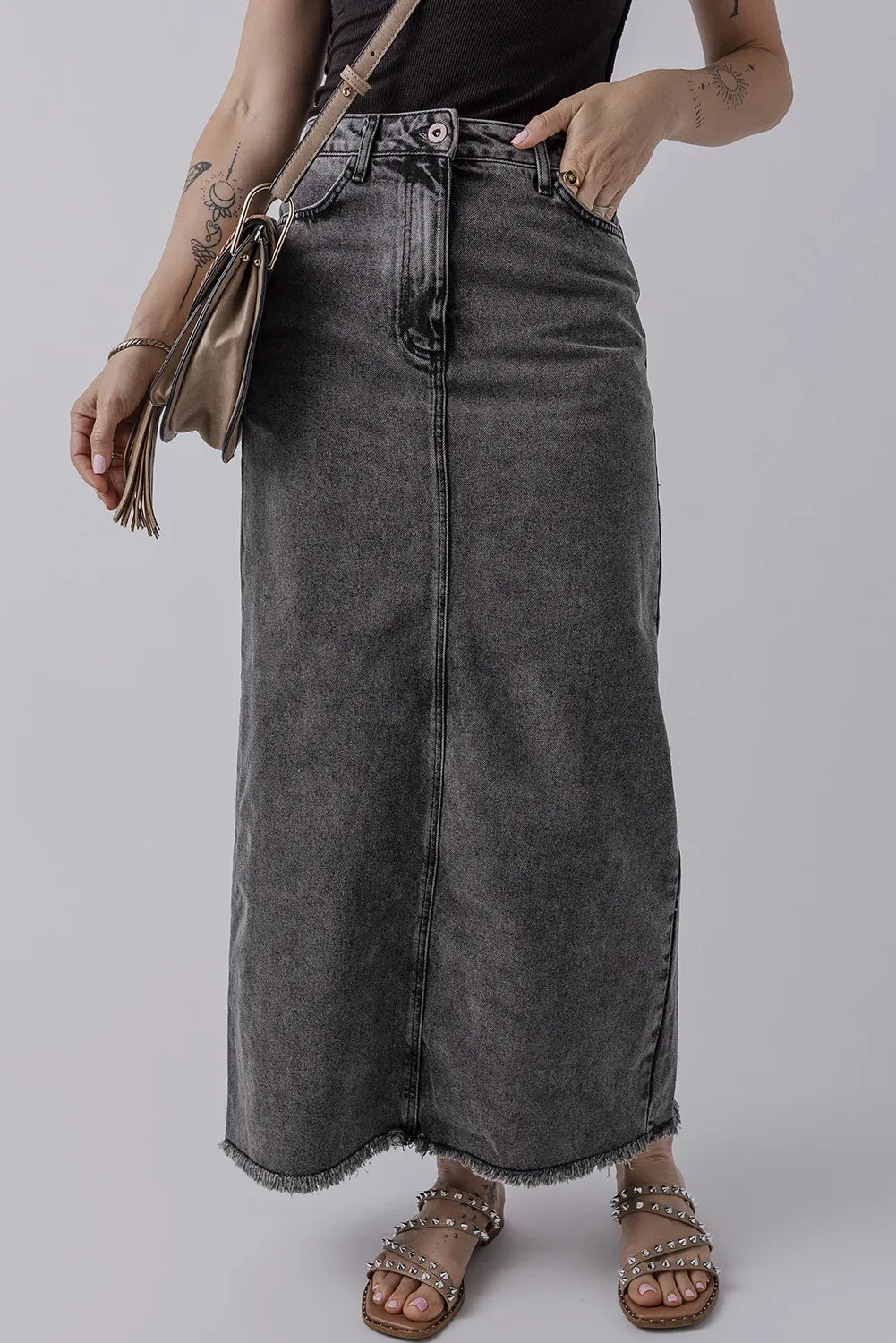 Raw Hem Midi Denim Skirt with Pockets - Pahabu - Women's Clothing & Shop