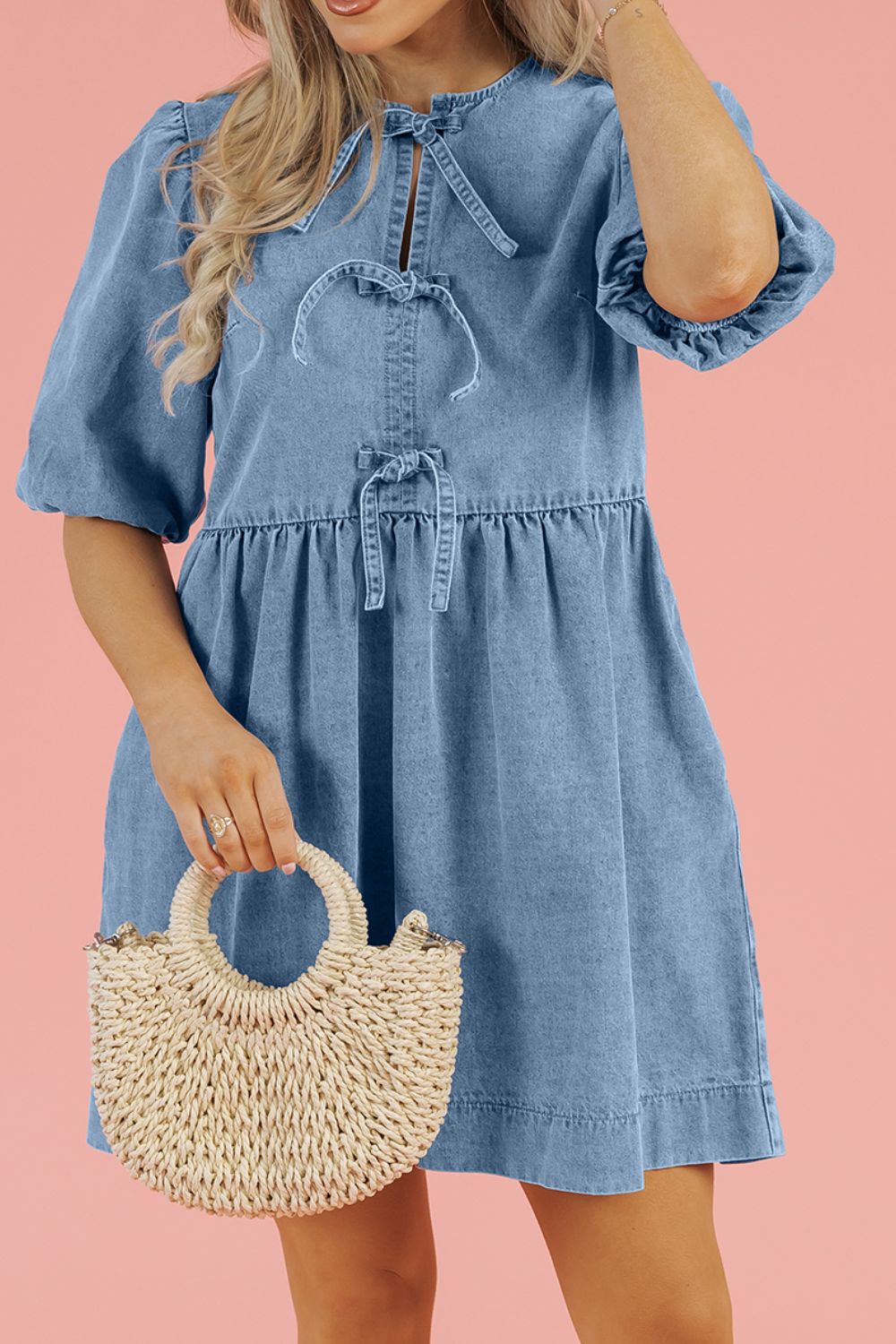 Bowknot Round Neck Half Sleeve Denim Dress - Pahabu - Women's Clothing & Shop