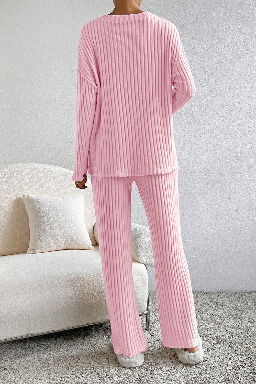 Ribbed V-Neck Top and Pants Lounge Set - Pahabu - Women's Clothing & Shop