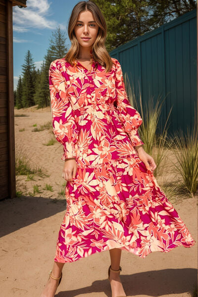 Printed Collared Neck Long Sleeve Dress - Pahabu - Women's Clothing & Shop
